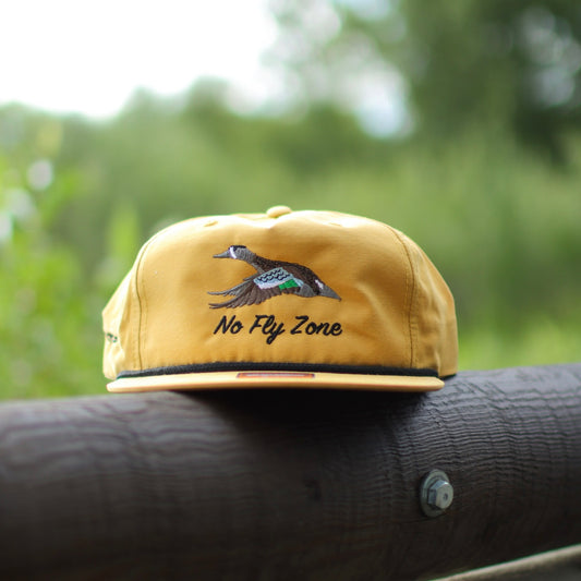 no fly zone blue-winged teal rope hat yellow