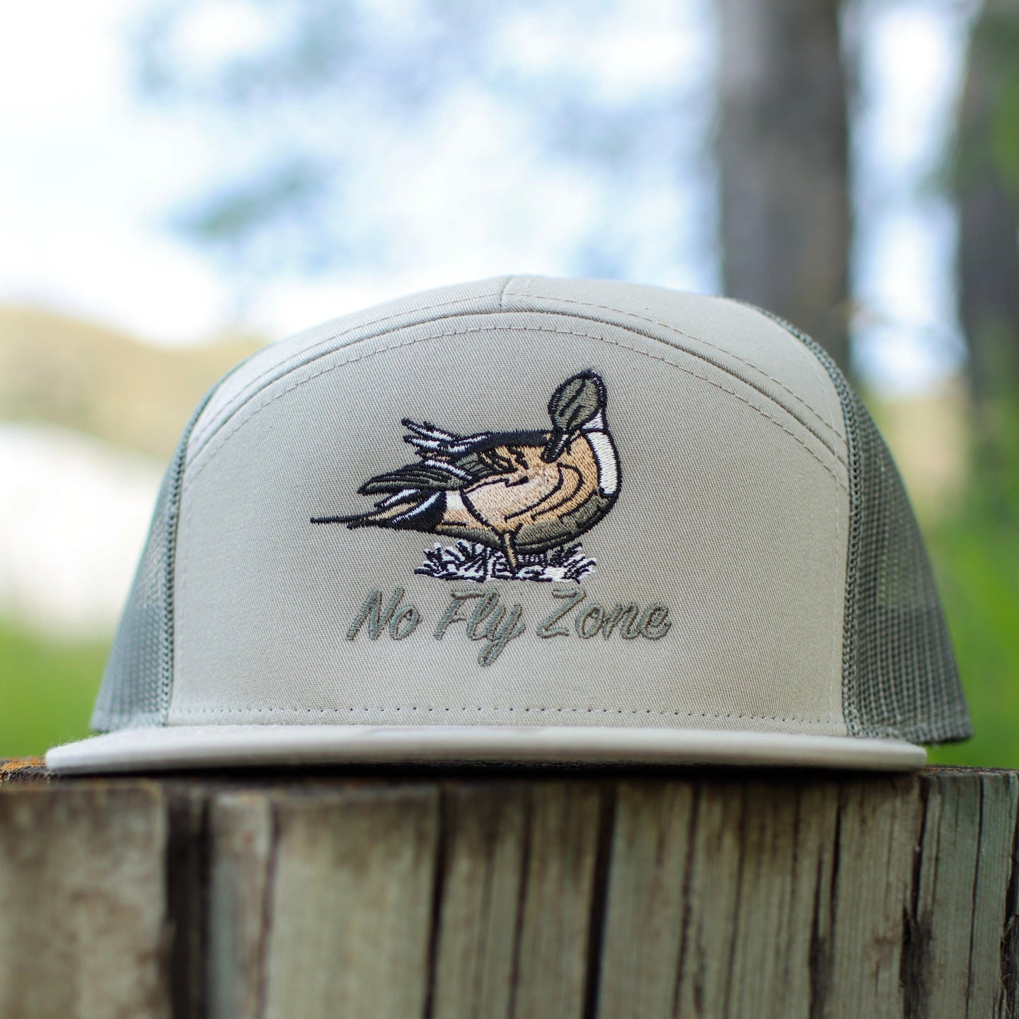 7 panel tan hat with pintail duck design on it