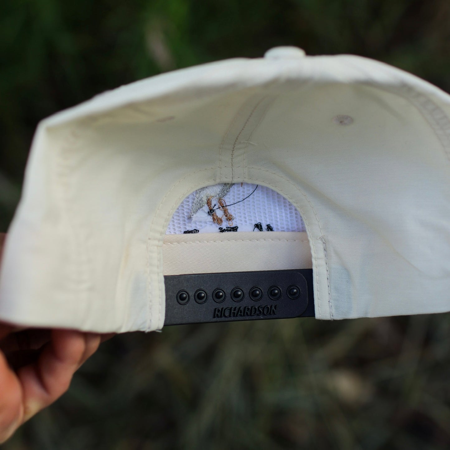 back of a richardson rope hat made by no fly zone waterfowl for snow goose hunters