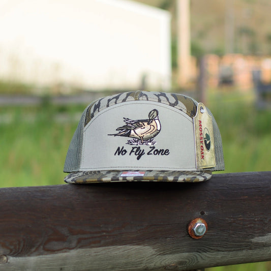 camo and gray pintail 7 panel hat by no fly zone waterfowl on fence post 
